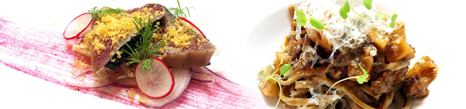 カツオの燻製 ビーツのソースと猪のラグー猪のラグー　タリアテッレタリアテッレ