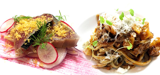 カツオの燻製 ビーツのソースと猪のラグー猪のラグー　タリアテッレタリアテッレ